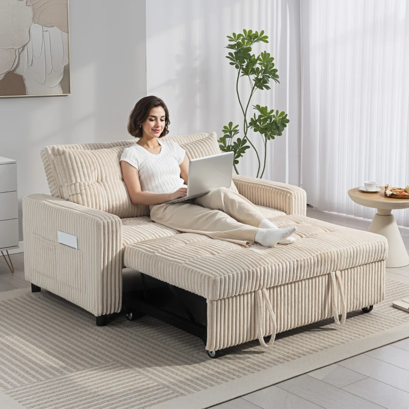 HOMCOM 2-Sitzer Sofabett, Cordbezug, zum Schlafsofa umwandelbar, 2 Kissen, Seitentaschen, 157 x 190 cm, Cremeweiß