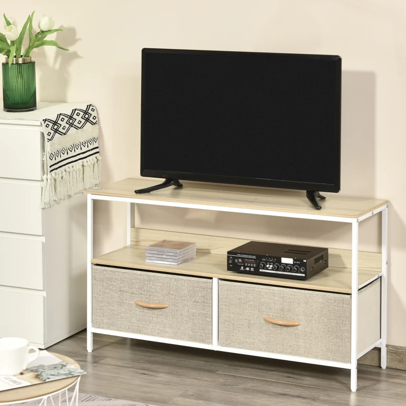 HOMCOM Mueble de TV con Estante y 2 Cajones de Tela Plegables para Televisores hasta 47 Pulgadas Largo de 98 cm Natural y Gris