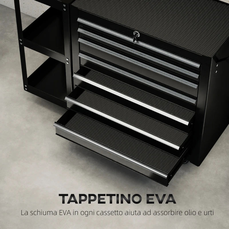 HOMCOM Carrello Portautensili in Acciaio con 7 Cassetti, Mensola Laterale Staccabile, Ruote, Capacità 120kg, Nero