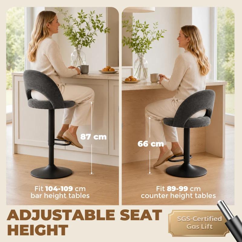 HOMCOM Lot de 2 Tabourets de Bar, Chaises de Bar Réglables en Hauteur, Assise Rembourrée en Chenille, Pivotant 360°, Gris
