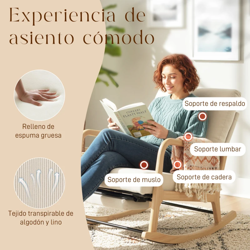 HOMCOM Silla Mecedora Nórdica con Reposapiés Respaldo Ajustable Mecedora de Pana Patas de Madera y Reposabrazos Cojín Crema