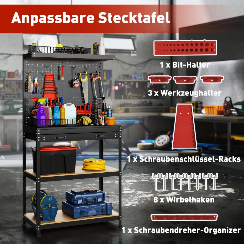 HOMCOM Werkbank 80 x 40,5 x 155 cm Werkzeugbank mit Lochwand, Haken,  Schublade, 2 Ablagen für Werkstatt Schwarz