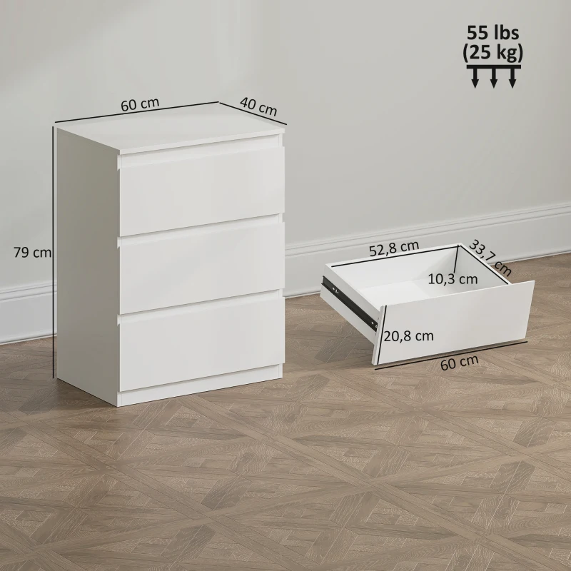 HOMCOM Kommode mit 3 Schubladen, für Wohnzimmer, Schlafzimmer, Flur, Spanplatte, Weiß