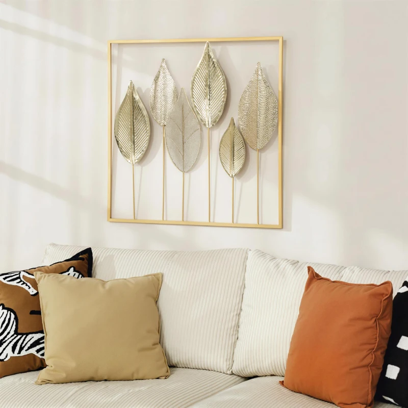HOMCOM Metallrahmen mit Blattdesign, Wandschmuck, moderner Stil, Goldfarben