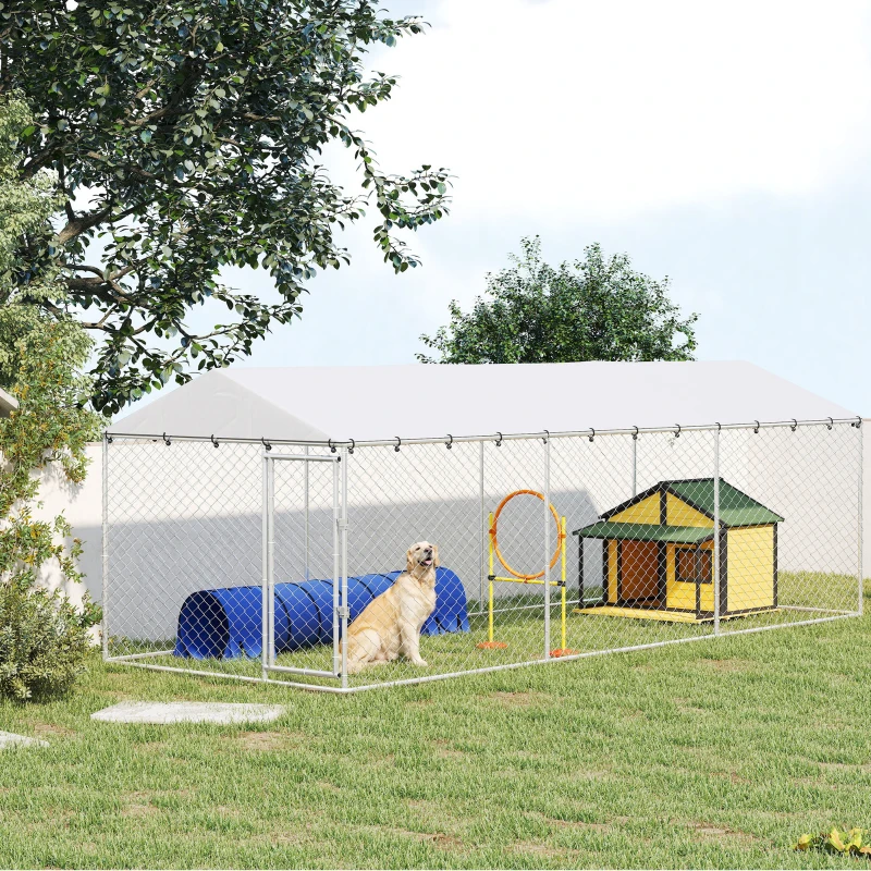 PawHut Recinto per Cani da Esterno con Rete Zincata e Serratura, in Acciaio e Tessuto Oxford, 6x2.3x2 m, Argento