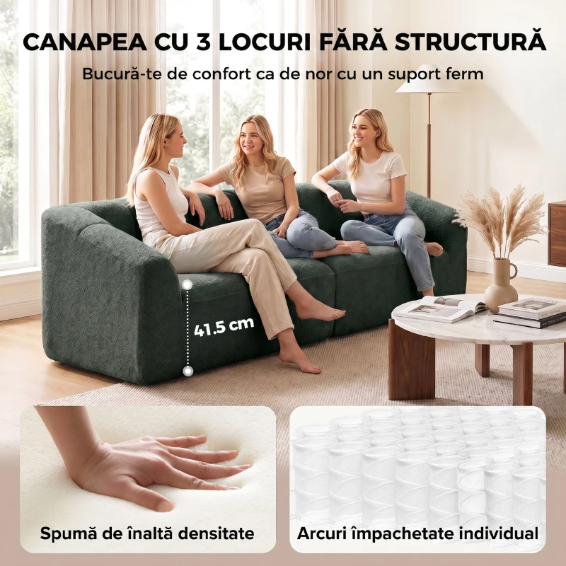 HOMCOM Canapea 3 Locuri fără Structură, cu Șezut Generos și Spumă Groasă, din Chenille, Verde Închis