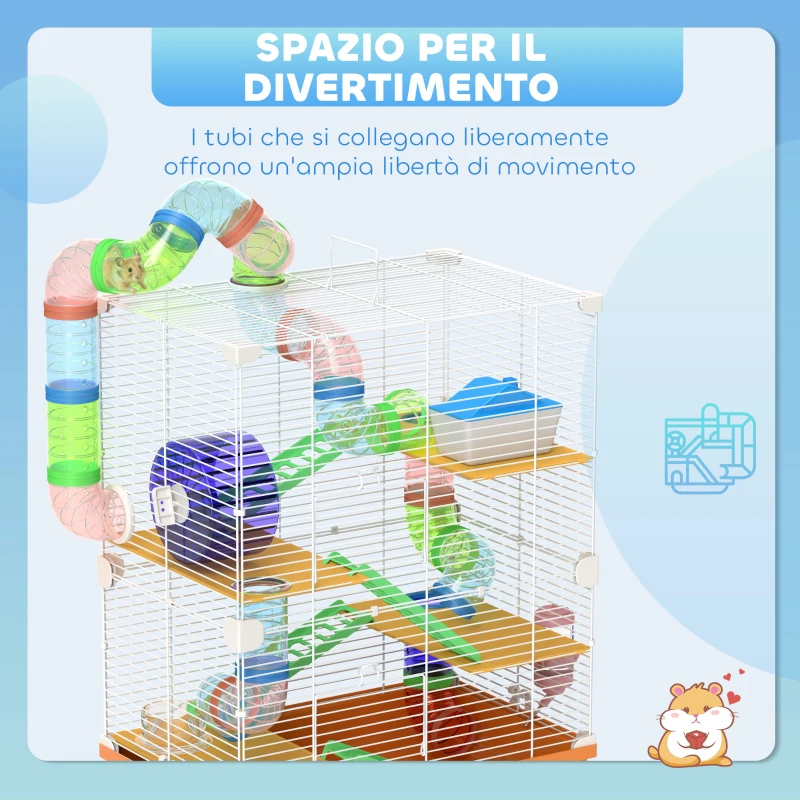PawHut Gabbia per Criceti a 5 Livelli con Tubi, Ruota, Scale, Casetta e Bottiglia, 46x30x58 cm, Arancione