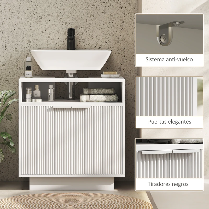 HOMCOM Mueble bajo Lavabo con 2 Puertas Acanaladas y Compartimento Abierto para Lavabo sin Pedestal 60x33x63 cm Blanco