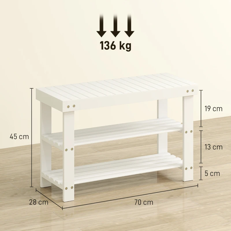 HOMCOM Schuhbank Bambus mit 2 Ablagen, Sitzbank mit Stauraum, für Flur, 70x28x45 cm, Weiß