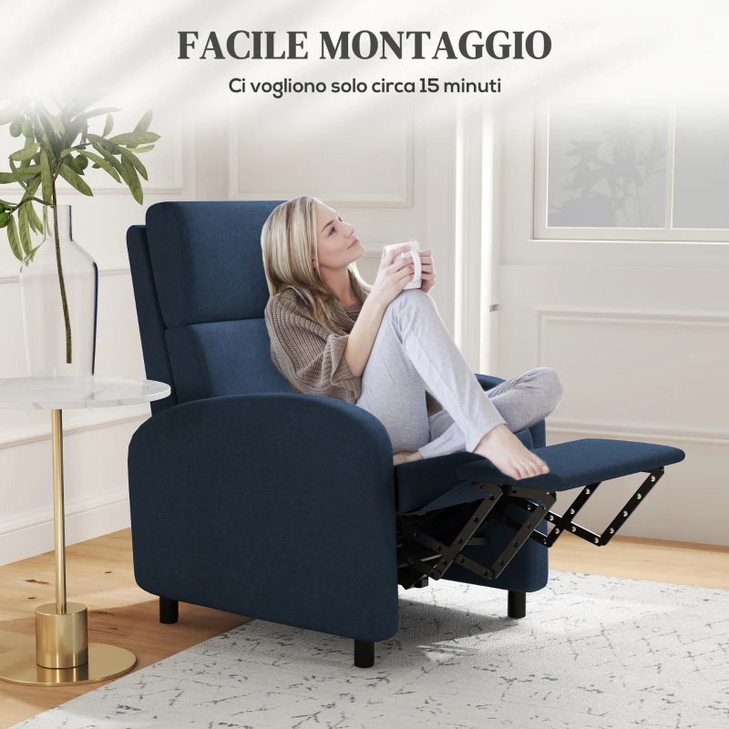 HOMCOM Poltrona Relax Reclinabile Manualmente a 160° con Poggiapiedi in Tessuto, Blu