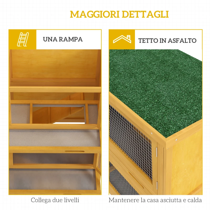 PawHut Conigliera a 2 Livelli in Legno di Abete e Bitume con Rampa, 2 Vassoi Estraibili 4 Porte, 97x44x91 cm, Giallo