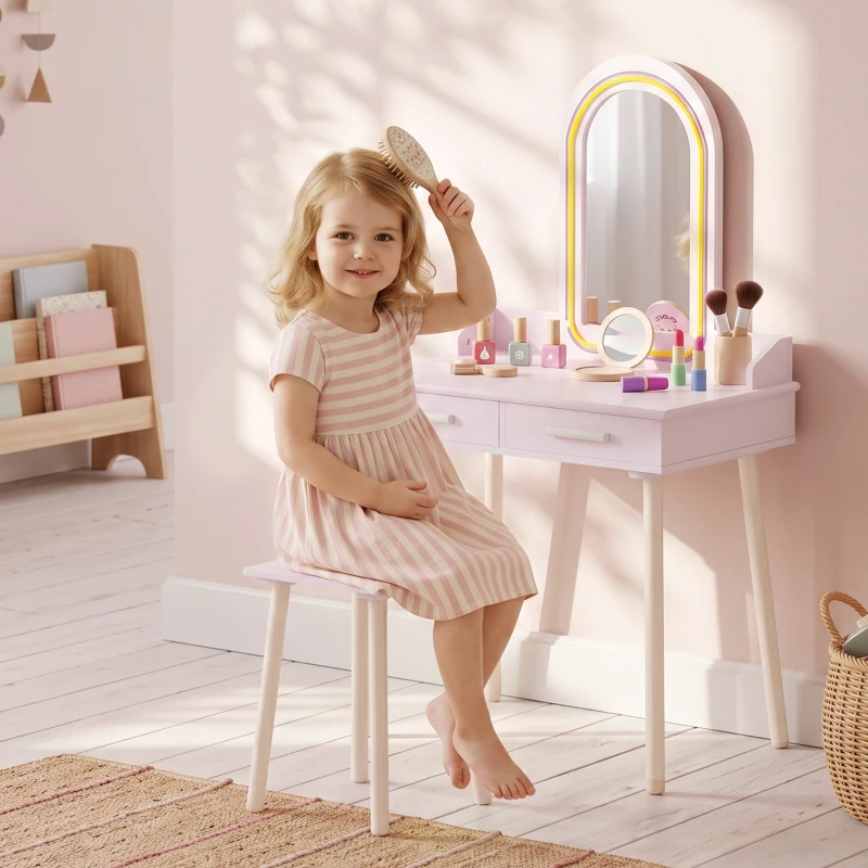 AIYAPLAY Conjunto Tocador Infantil com Banquinho, Espelho em Acrílico, LED 3 Cores, 2 Gavetas, 3-8 Anos, Rosa