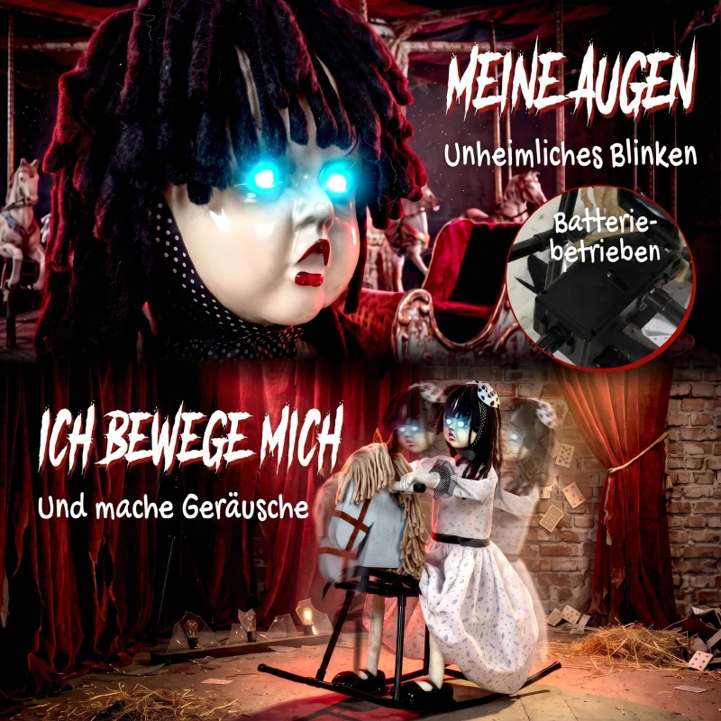HOMCOM Animiertes Halloween-Mädchen auf Schaukelpferd mit gruseligen Reimen, leuchtenden Augen und Sound-/Touch-Aktivierung
