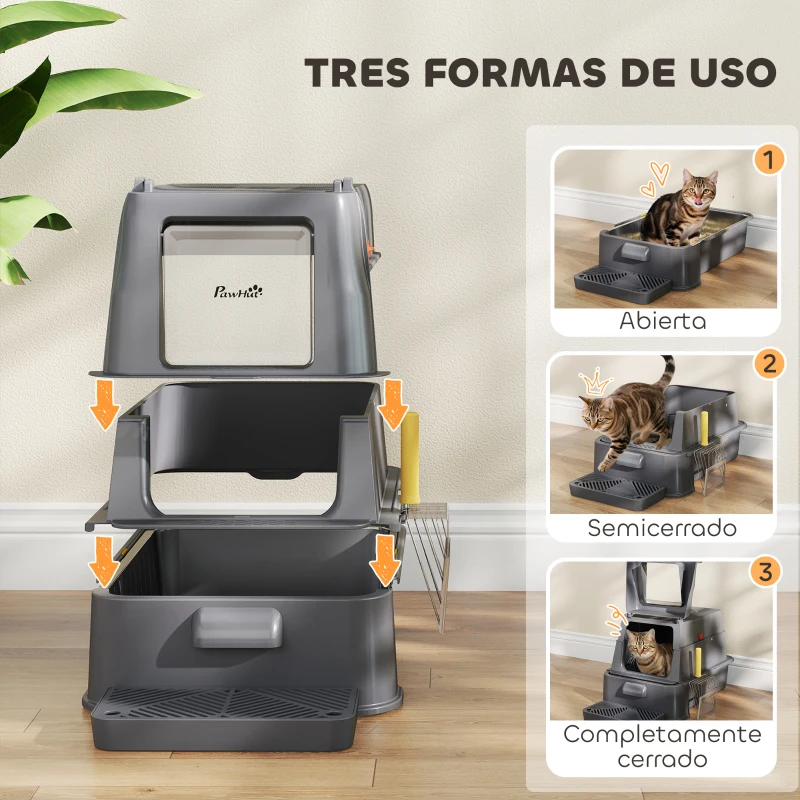 PawHut Arenero para Gatos de Acero Inoxidable XL con Tapa Abatible 180° Laterales Altos Pedal Pala Gris Oscuro