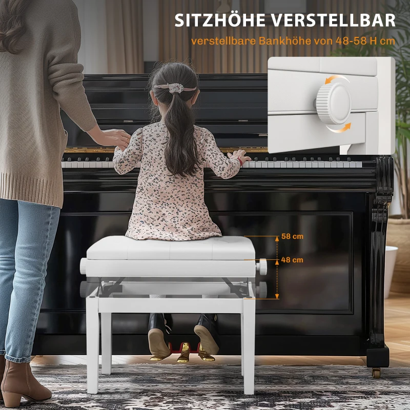 HOMCOM Klavierbank Höhenverstellbar Sitzbank mit Stauraum, Holzbeine, aus Kunstleder, 54,5 x 33 x 48-58 cm, Weiß