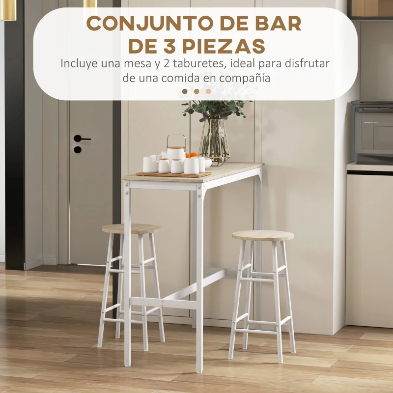 HOMCOM Mesa Alta de Cocina con Taburetes Marco de Acero Estilo Industrial Mesa Alta para Comedor Natural y Blanco