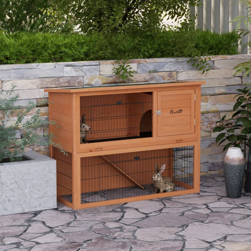 PawHut Clapier à lapin en bois 2 étages avec 3 portes plateau coulissant rampe toit bitumé 120 x 50 x 92 cm orange