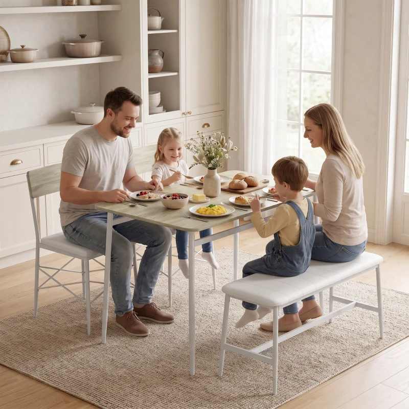 HOMCOM Set masă pentru sufragerie cu 2 scaune și banc, șezuturi căptușite, pentru living, spații mici, stejar și alb
