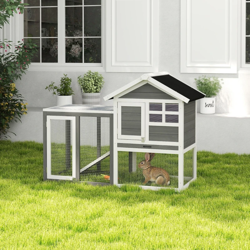 PawHut Coelheira de Madeira Exterior de 2 Níveis com Zona Aberta Teto Asfáltico Bandeja Removível e Rampa 122x62,6x92 cm Cinzento