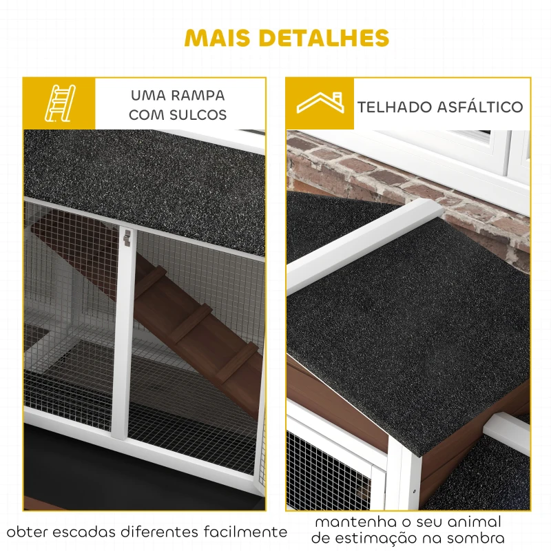PawHut Casota para Coelhos para Exterior 157,4x53x99,5 cm Gaiola Grande com Rodas, Telhado Asfáltico, Tabuleiros Removíveis e Rampa Castanha