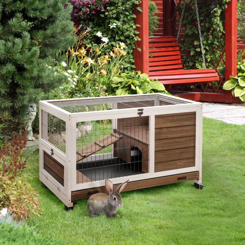 PawHut Clapier à lapin sur roulettes 2 étages porte verrouillable toit ouvrant plateau coulissant rampe marron blanc