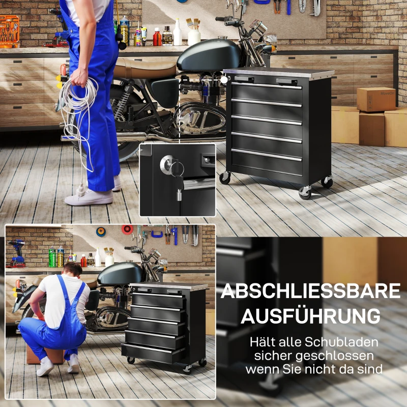 HOMCOM Werkzeugschrank mit 5 Schubladen, rollbare Werkzeugkiste, Werkzeugwagen aus Stahl, Silberton+Schwarz