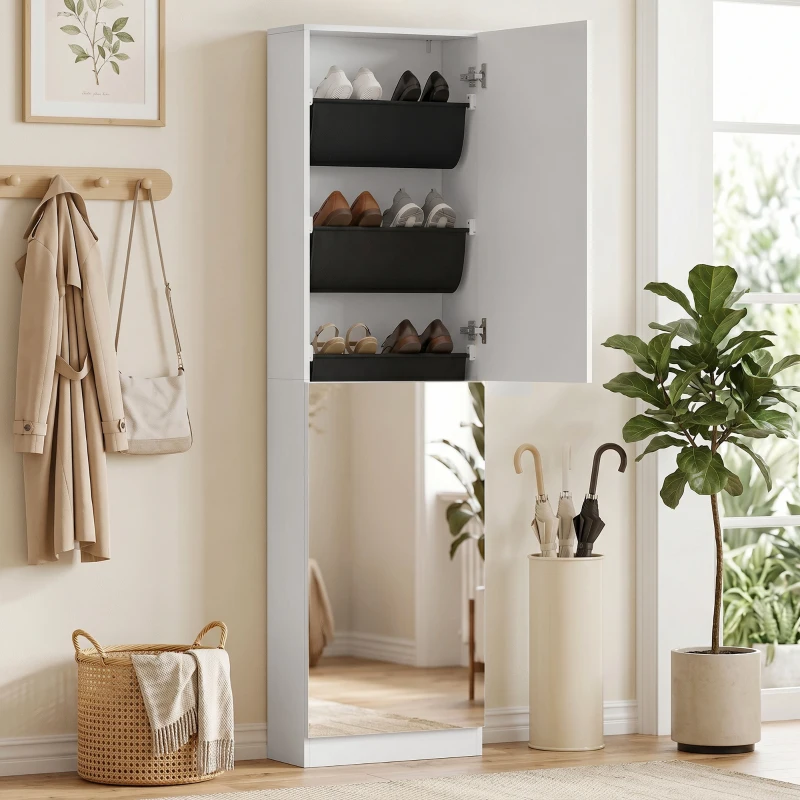HOMCOM Dulap pentru Pantofi cu Oglindă, Uși Reversibile cu 5 Rafturi din Material Textil, 50 x 20 x 180 cm, Alb