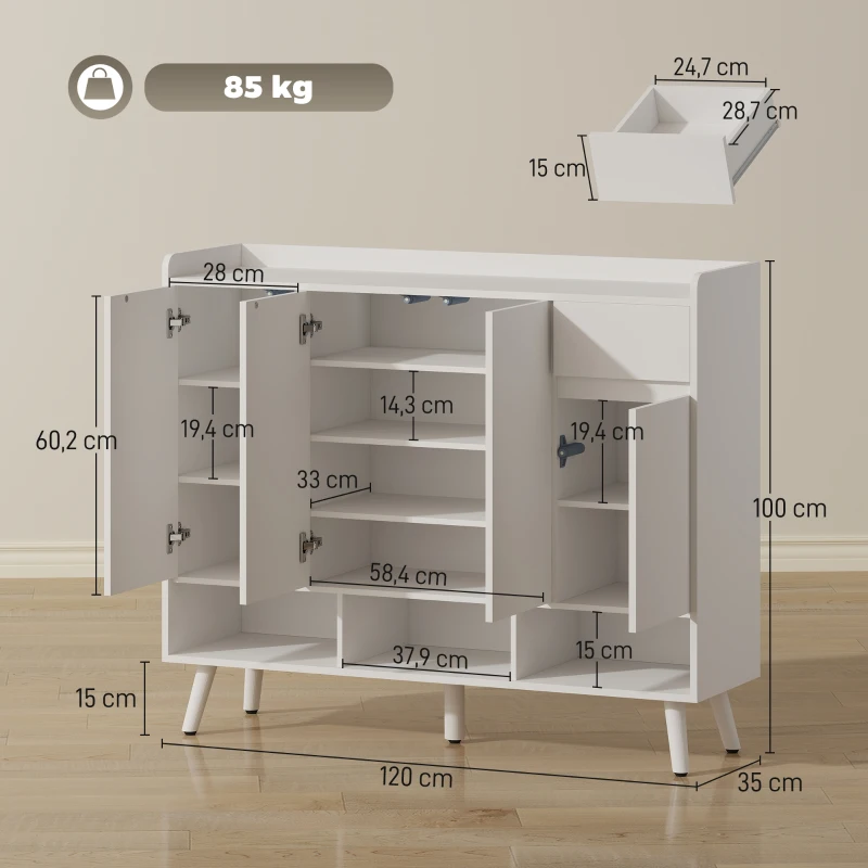 HOMCOM Schuhschrank mit grifflosem Design, 4 Türen, 4 verstellbare Regale, freistehendes Schuhregal mit 5 Holzbeinen, Holz, Weiß