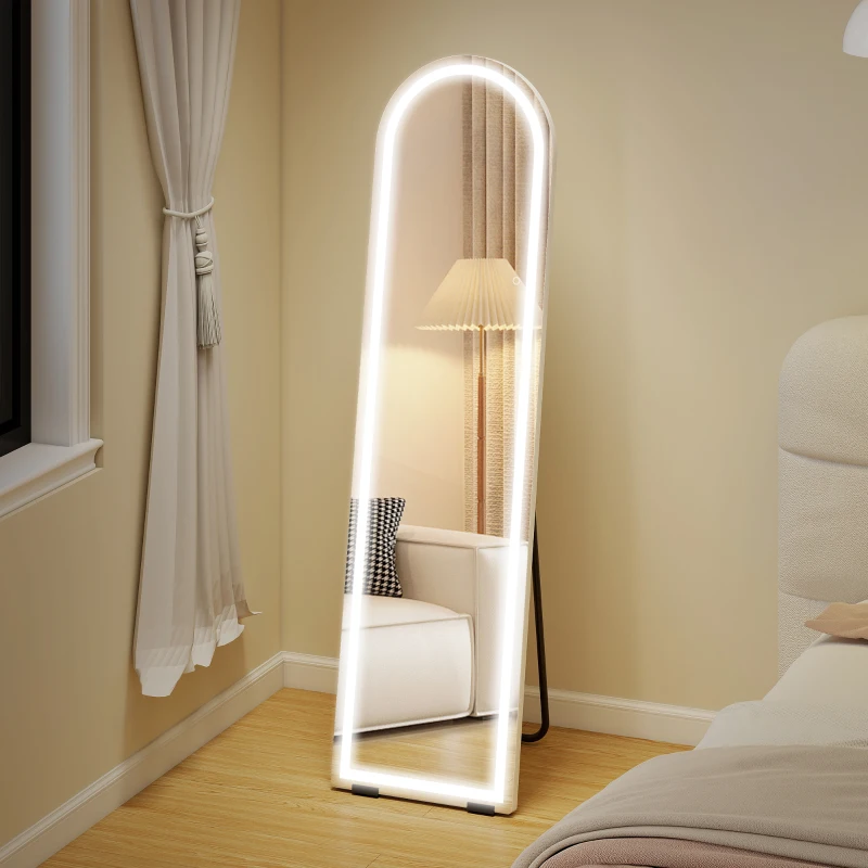 HOMCOM Ganzkörperspiegel mit LED-Lichtern, 150 x 40 cm, bogenförmig, dimmbar, 3 Lichtfarben, freistehend oder Wandmontage, Weiß