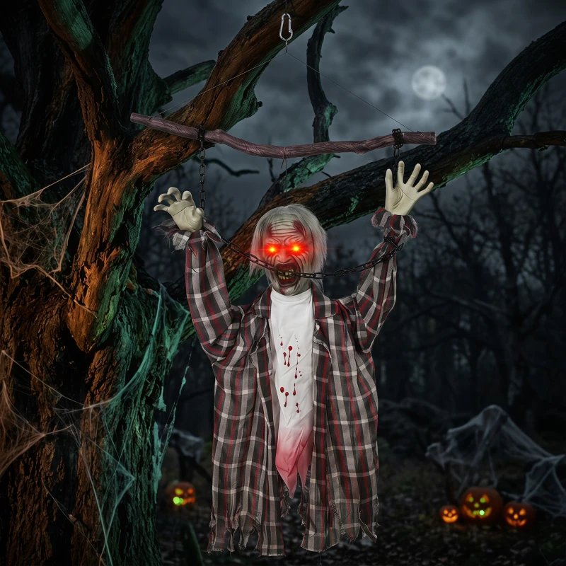 HOMCOM 110 cm animierte hängende Halloween-Deko, schreiender Zombie, Sound- & Berührungsaktivierung, rote LED-Augen