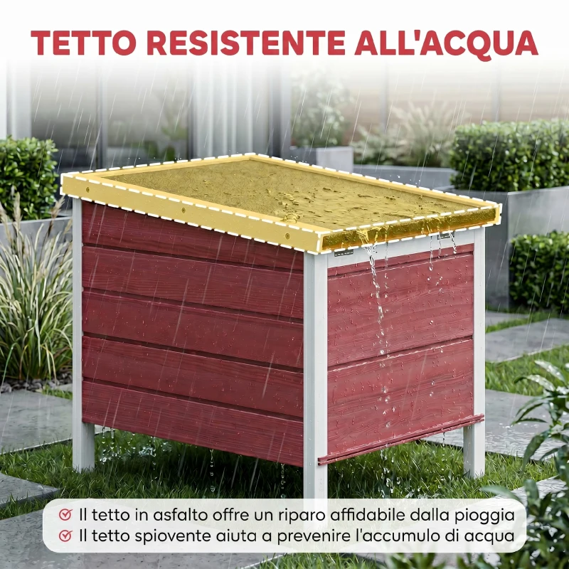 PawHut Conigliera in Legno con Tetto Apribile in Asfalto, Rampa Antiscivolo, 51x42x43 cm, Rosso