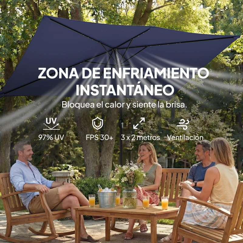 Outsunny Sombrilla de Jardín con 24 Luces LED Solares Dosel Inclinable Poste Metálico 2,9x2,5 m Azul Oscuro