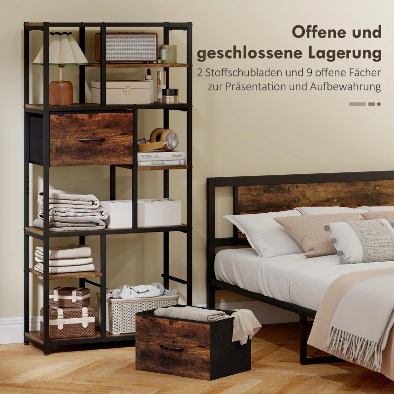 HOMCOM Aufbewahrungsregal, 2 Stoffschubladen, 9 offene Fächer, freistehendes Regal mit Stahlrahmen, Braun+Schwarz