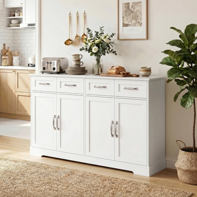 HOMCOM Credenza da Cucina con 4 Cassetti e 4 Ante in Stile Country, 140x38x80 cm, Bianco