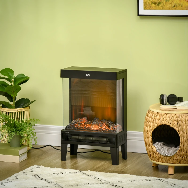 HOMCOM Elektrokamin, 2000 W, Standkamin mit Heizung LED 3D-Flammeneffekt, 4 Helligkeitsstufen, Elektrischer Kamin mit Thermostat, Überhitzungsschutz, Schwarz