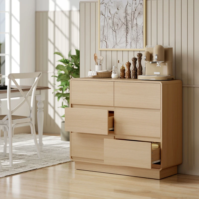 HOMCOM 100 cm Sideboard, Buffetschrank mit 6 Schubladen, Kommode für Küche, Wohnzimmer, Esszimmer, Naturholz
