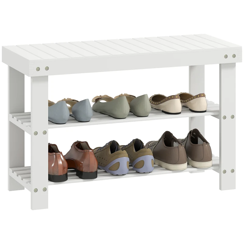 HOMCOM Schuhbank Bambus mit 2 Ablagen, Sitzbank mit Stauraum, für Flur, 70x28x45 cm, Weiß