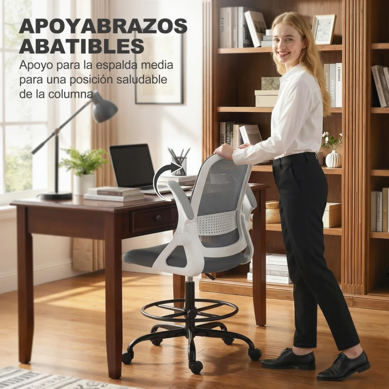 HOMCOM Silla de Escritorio de Malla Silla de Dibujo con Reposabrazos Abatibles Altura Ajustable Reposapiés Gris