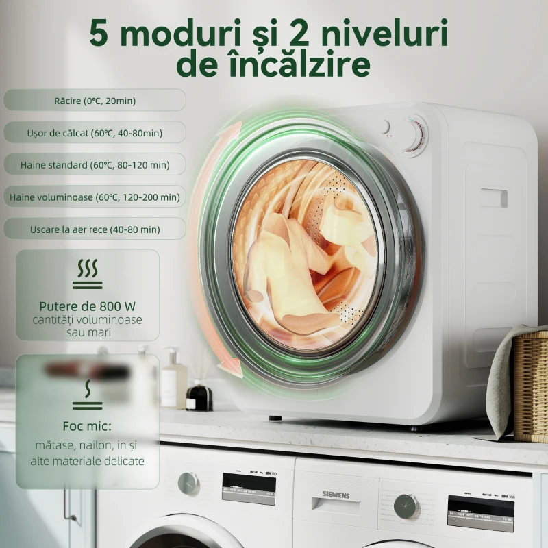 HOMCOM Mini Uscător de Rufe Portabil, Capacitate 4 kg, 5 Programe, 800/400 W, Tambur din Oțel Inoxidabil, Alb