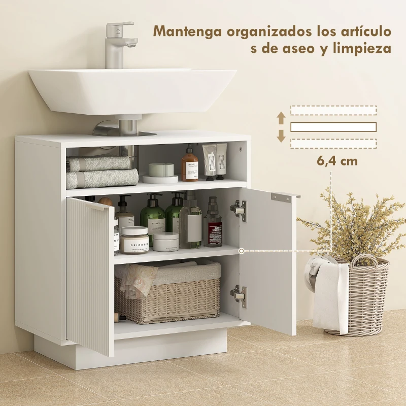 HOMCOM Mueble bajo Lavabo con 2 Puertas Acanaladas y Compartimento Abierto para Lavabo sin Pedestal 60x33x63 cm Blanco