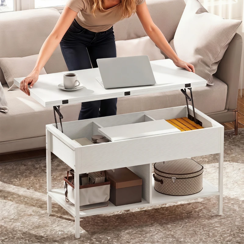 HOMCOM Mesa de Centro Elevável e Extensível Mesa de Sala com Compartimento Oculto Prateleiras Abertas 98x49x55 cm Branco