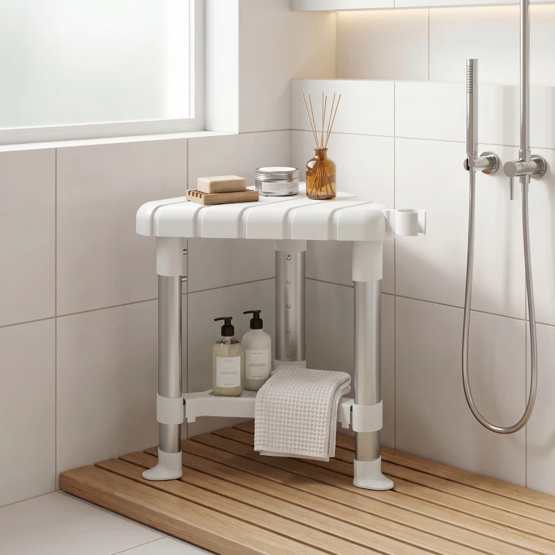 HOMCOM Shower Stool, Aluminium Alloy Corner Shower Chair with Storage Shelf and HDPE Seat, Adjustable Height, White
