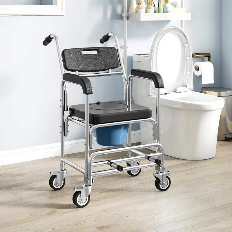 HOMCOM Transport Beside Shower Chair, 3-in-1 Commode Chair with Wheels and Padded Seat, Black