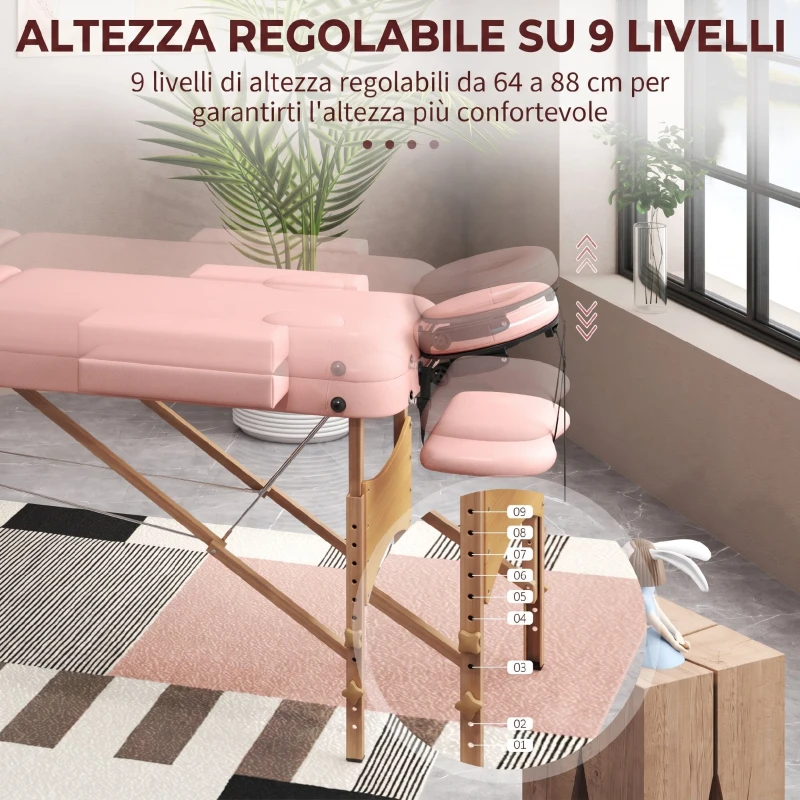 HOMCOM Lettino da Massaggio Pieghevole con Altezza Regolabile e Borsa di Trasporto, Struttura in Legno, Rosa