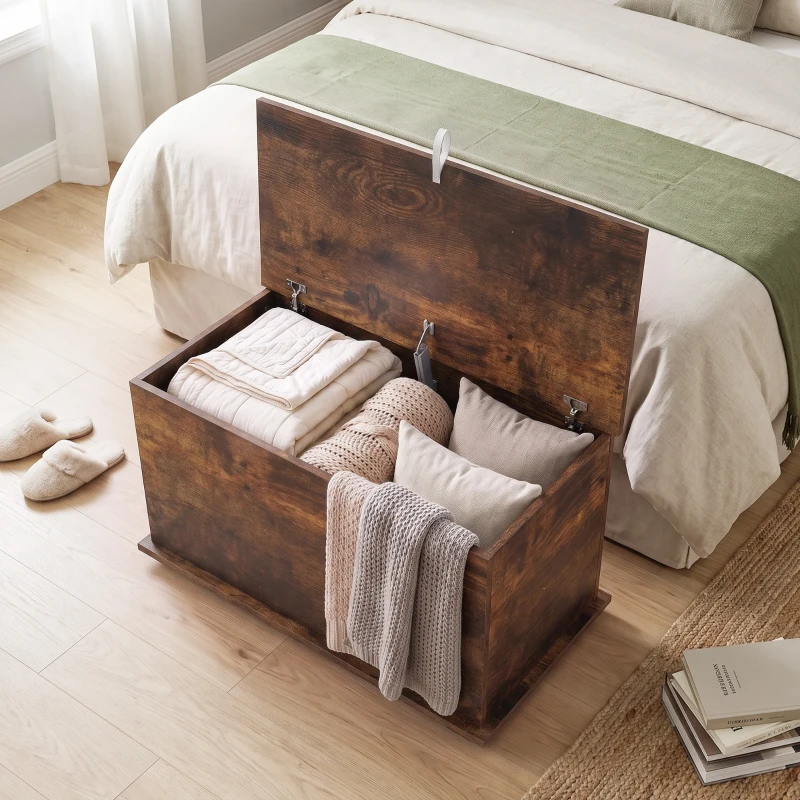 HOMCOM Banquette-coffre, Banc à chaussures avec couvercle de sécurité, fond intérieur, Marron rustique