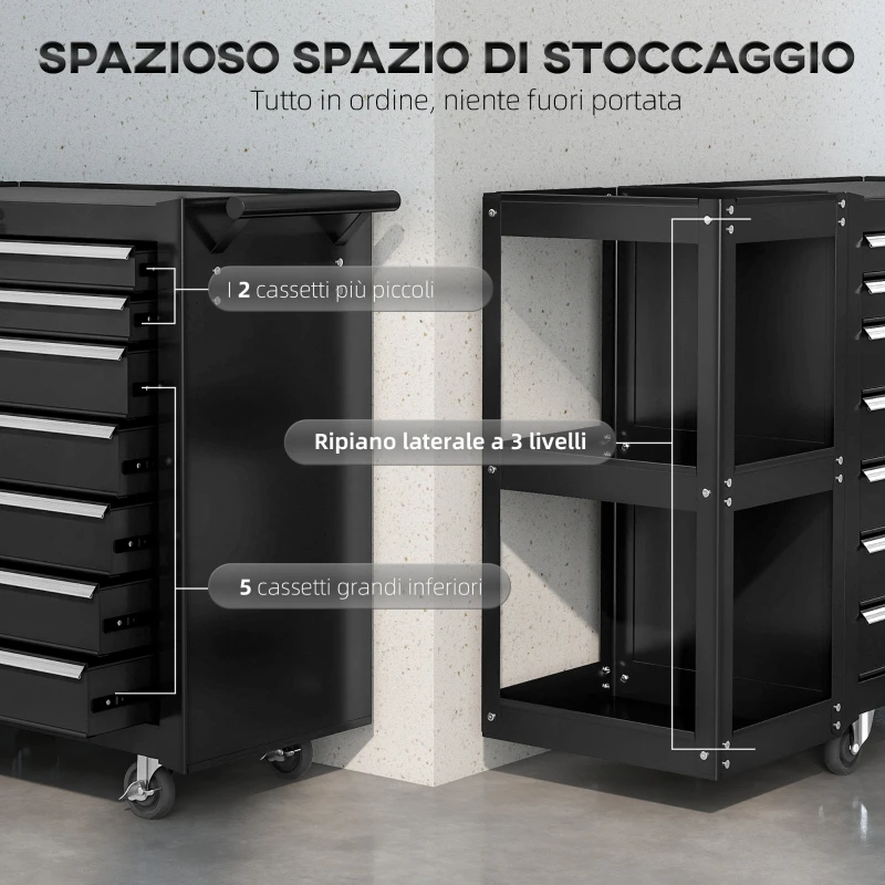 HOMCOM Carrello Portautensili in Acciaio con 7 Cassetti, Mensola Laterale Staccabile, Ruote, Capacità 120kg, Nero