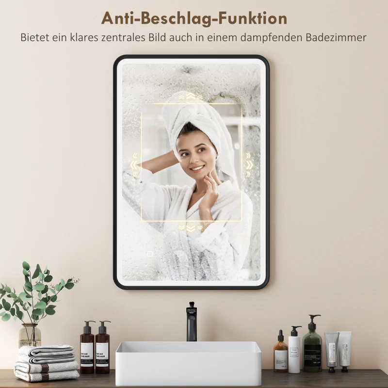 HOMCOM 90 x 60 cm LED-Badezimmerspiegel, Lichter, 3 Farben, dimmbar, Memory-Funktion, horizontal und vertikal, Schwarz