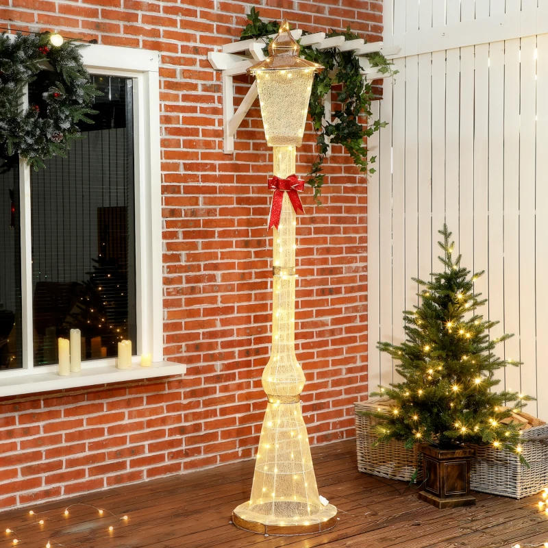 Outsunny 2,15 m beleuchteter Laternenpfahl, 155 LEDs, Outdoor-Weihnachtslaterne, Rote Schleife, wasserfest, für Garten, Terrasse