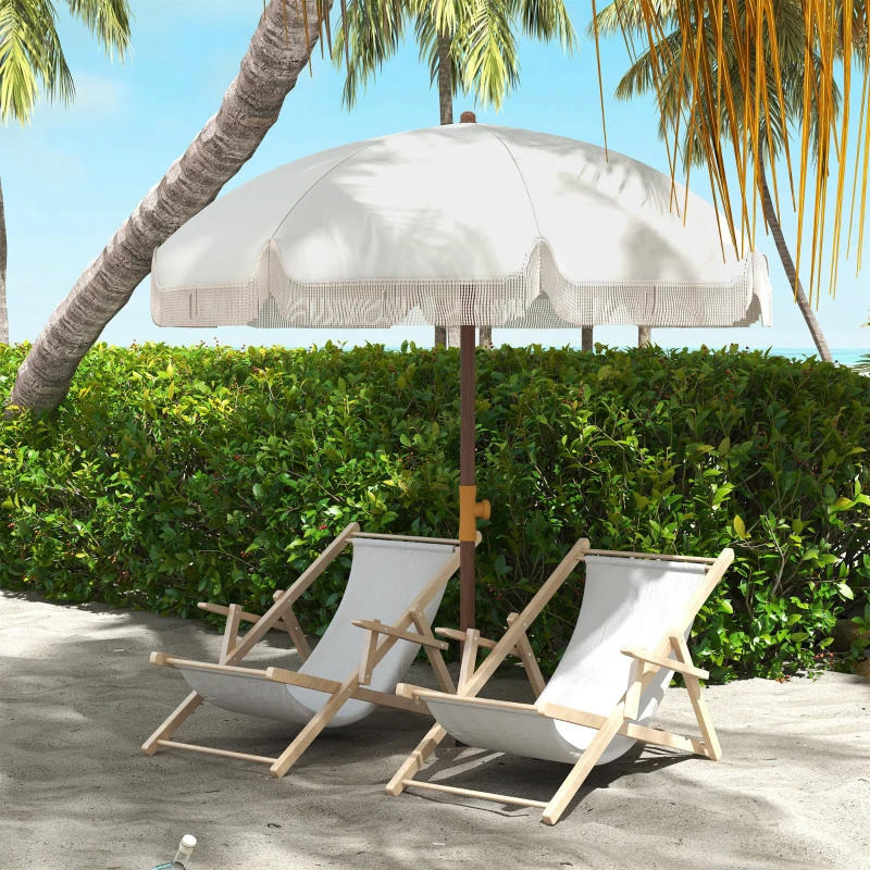 Outsunny Sombrilla de Playa con Flecos Ø190x210 cm con 8 Varillas Apertura Manual Anti-UV Impermeable y Bolsa de Transporte Gris