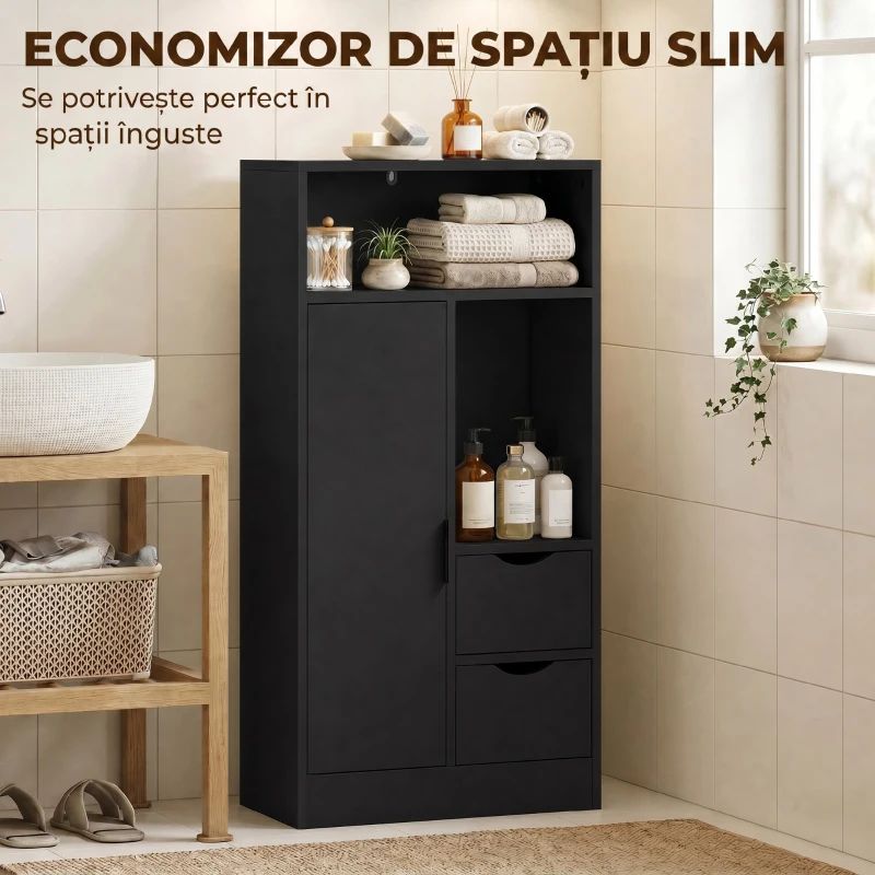 HOMCOM Dulap Baie Îngust cu 2 Sertare și Rafturi Reglabile pentru Bucătărie, Living, Hol, Negru